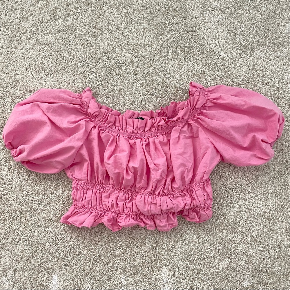 ZARA Pink Puff Sleeve Crop Top
